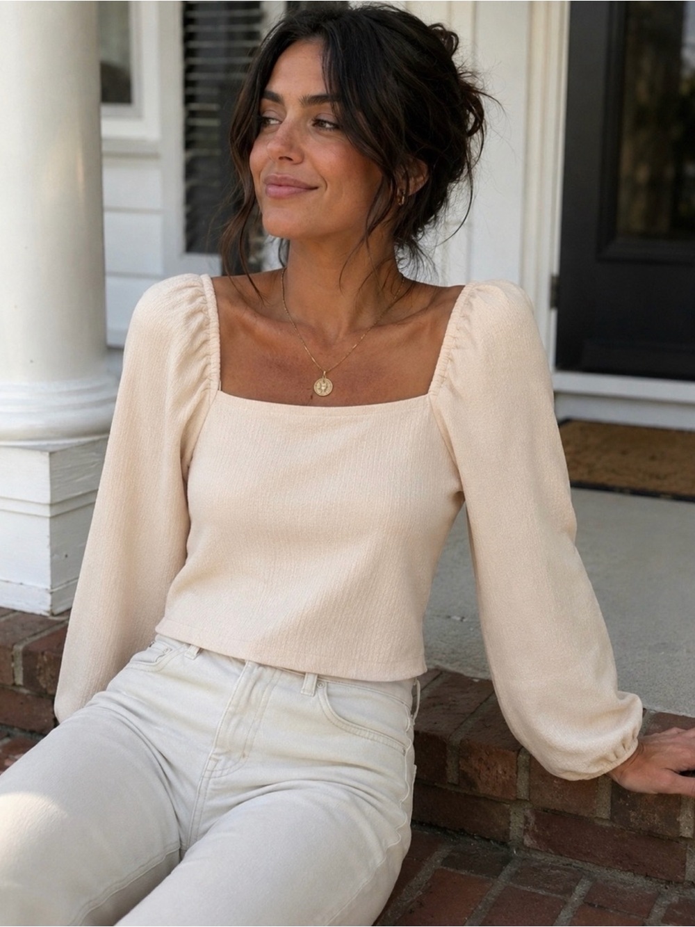 Madewell Cream Square Neck Puff Sleeve Textured Crepe Romantic Top S